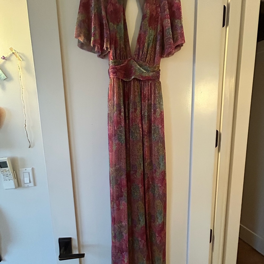 Flutter Sleeve V-Neck Maxi Dress in Pink Multicolor